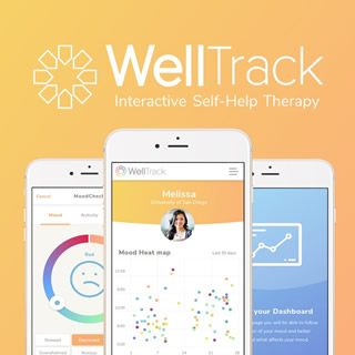 WellTrack Logo, Images of phones with the app features